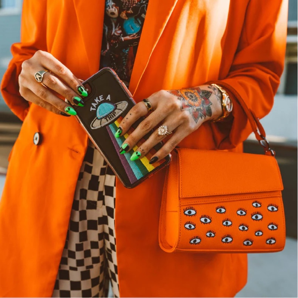 NWOT Anastasio Micro Crossbody Handbag Neon Orange Leather - Eyes Embroidery